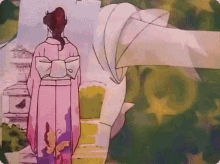 a cartoon of a woman in a pink kimono with a bow on the back