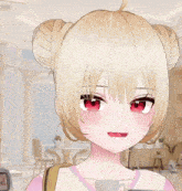 a girl with blonde hair and red eyes holds a cup