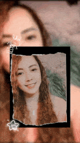 a picture of a woman with curly hair is framed by a bunny and a star
