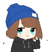 a drawing of a girl wearing a blue beanie and black hoodie
