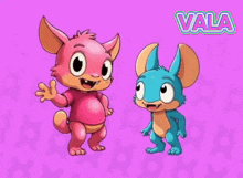 two cartoon characters are standing next to each other on a pink background .