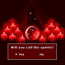 a pixel art of a crystal ball surrounded by red candles with the question " will you call the spirits " at the top