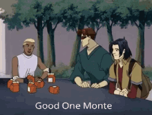 a group of cartoon characters are sitting around a table with the words good one monte written on the bottom