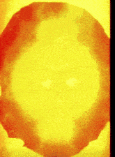 a yellow and orange background with a circle in the center