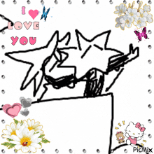 a drawing of a star with the words " i love you " surrounded by flowers and butterflies