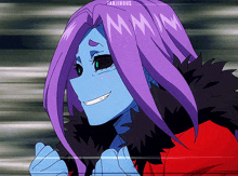 a cartoon character with purple hair and the letters mmn on her hair