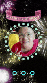 a picture of a woman surrounded by fireworks with a banner that says happy birthday