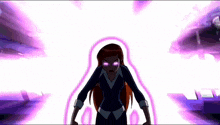 a cartoon character is standing in front of a white background with purple lights coming out of it .
