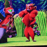 two cartoon animals are standing in the grass and one has a hat on