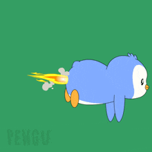a penguin is flying through the air with smoke coming out of its tail