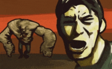 a cartoon drawing of a man and a monster with one arm