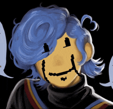 a cartoon character with blue hair and a yellow face