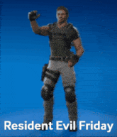 a picture of a man dancing with the words resident evil friday written below him