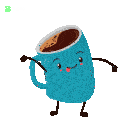 a blue cup of coffee with arms and legs and the words good morning
