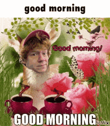 a good morning greeting card with a man 's head on a deer