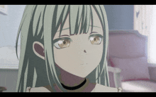 a girl with long white hair and brown eyes is wearing a black choker