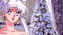 a cartoon of a woman with a christmas tree in the background