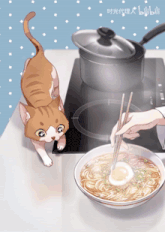 a cartoon drawing of a cat looking at a bowl of noodles and a person cooking