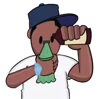 a cartoon of a man drinking from a bottle with a watch on his wrist