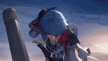a cartoon character with blue hair is standing next to a microphone .