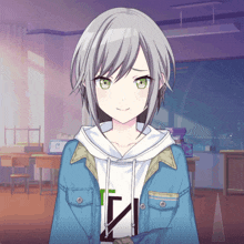 a girl with gray hair and green eyes is wearing a blue jacket and a white shirt with the letter n on it