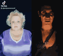 a woman in a purple dress is next to a man in a black shirt with a necklace