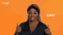 a woman is giving two thumbs up and the word like is on the orange background