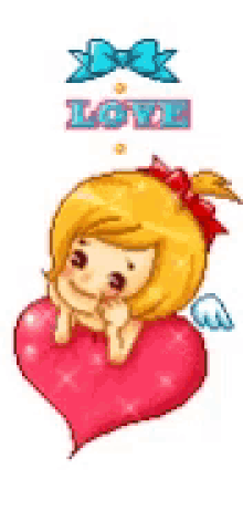 a cartoon girl is sitting on top of a pink heart with the words `` i love you '' written above her .