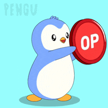 a penguin is holding a red coin that says op on it