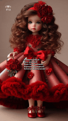 a doll is wearing a red dress and holding roses