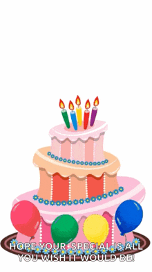 a birthday cake with balloons and candles on it and the words hope your special is all you wish it would be