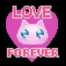 a pixel art of a cat in a heart with the words `` love forever '' .