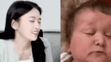 a woman is smiling next to a baby who is sleeping .