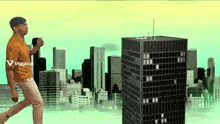 a man walking in front of a city skyline with a viggle.ai logo