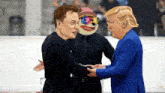 elon musk and donald trump are shaking hands with a clown behind them