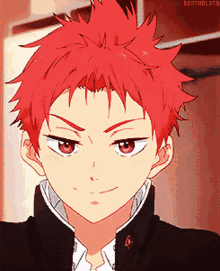 a close up of a red haired anime character with bertholdts written below him