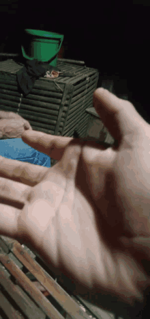 a close up of a person 's hand with a green bucket behind it