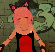 a girl with pink hair and cat ears stands in front of a wall with graffiti on it