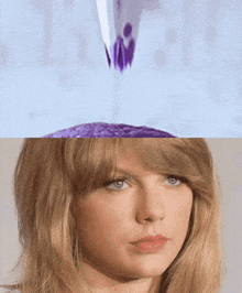 a close up of a woman 's face next to a picture of a purple cake