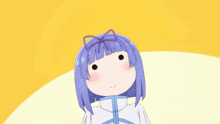 a girl with purple hair and a bow on her head is smiling