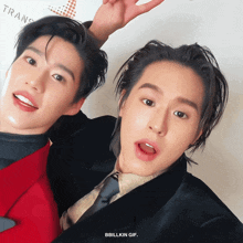 two men are posing for a picture with the caption bbillkin gif on the bottom