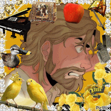 a man with a beard is surrounded by birds and a piano with an apple on his head