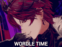 a close up of a red haired anime character with the words " wordle time " below it