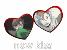 a pair of heart shaped glasses with a picture of a boy and the words now kiss below them