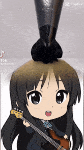 a cartoon of a girl holding a guitar and a spoon on top of her head