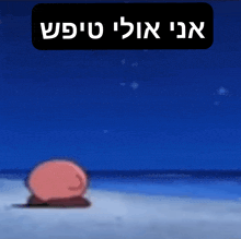 a cartoon character on a beach with the words " אני אורלי טפיצ " written above him