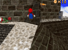 a video game where mario is standing on a brick wall with the number 10 in the corner