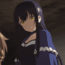 a girl with long black hair and yellow eyes is wearing a blue dress with ruffles