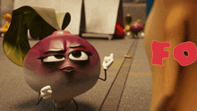 a cartoon character with a leaf on its head and the word fo behind it