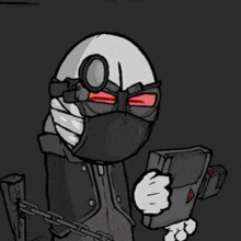 a cartoon character wearing a mask and goggles is holding a book